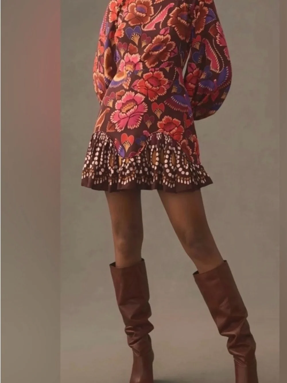 FARM Rio Brown Mini Dress with Pink and Red Floral Print - Picture 2 of 4